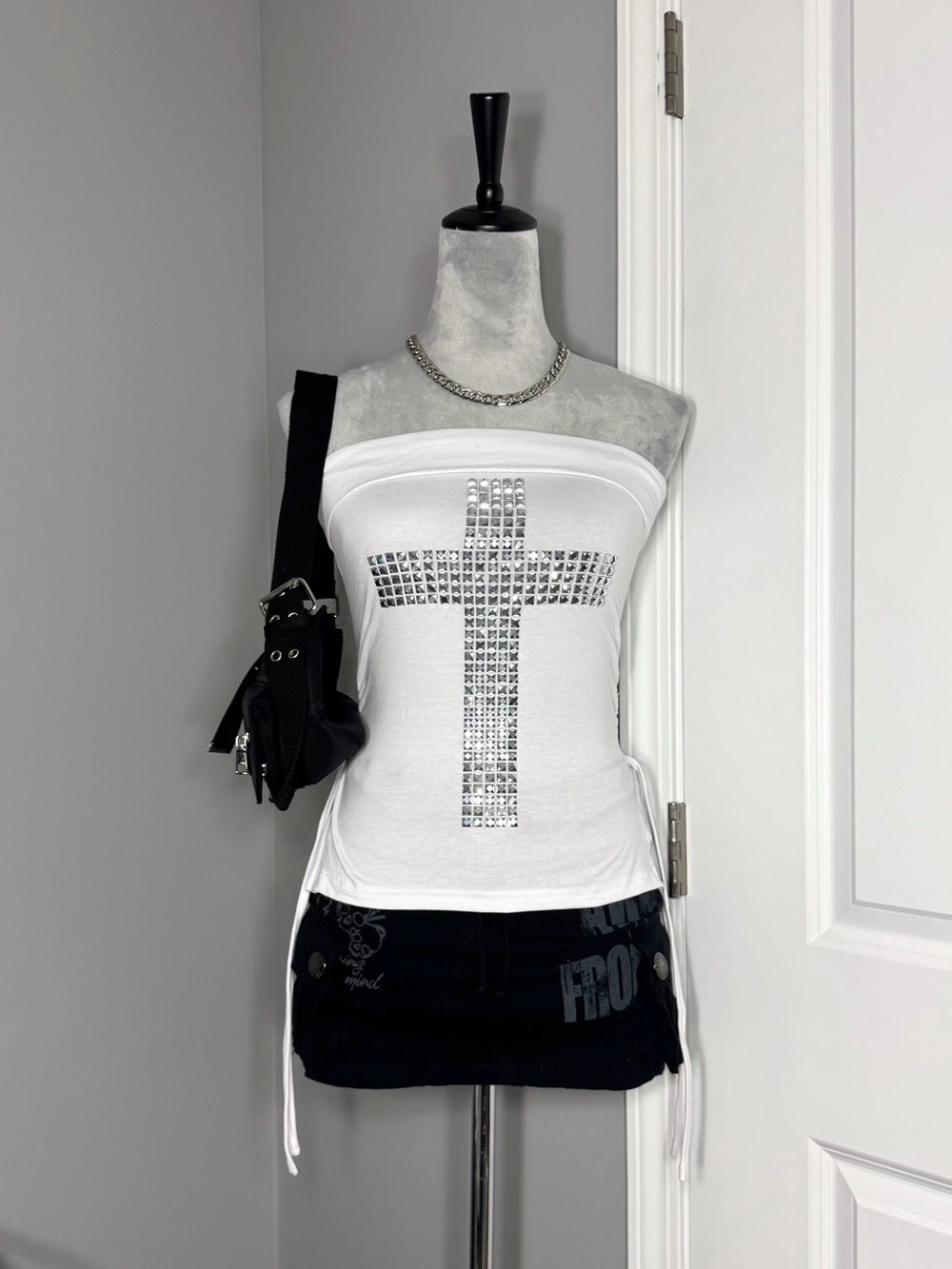 Y2K McBling White and Silver Studded Cross Design Strapless Fold Over Top